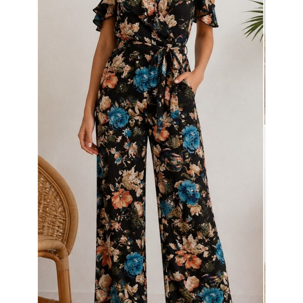Band of Gypsies Black Wide-Leg Floral Jumpsuit with Blue & Coral Blooms